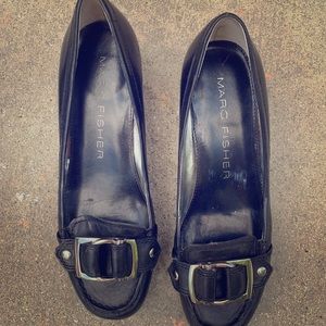 Marc Fisher black block heel loafer silver buckle